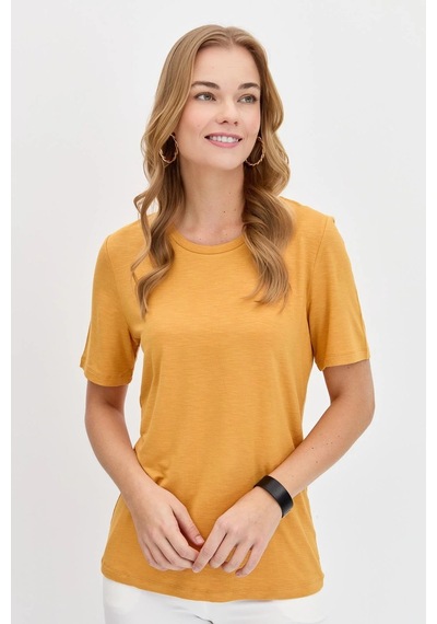 Desen Triko Kadın Sıfır Yaka Flamlı Kumaş Penye T-shirt Kmy24084 Hardal