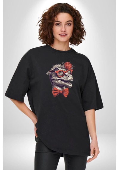 Kırmızı Gözlük Papyon Dinazor Pamuklu Bisiklet Yaka Unisex Oversize Boyfriend Dijital Baskılı Siyah T-shirt Siyah