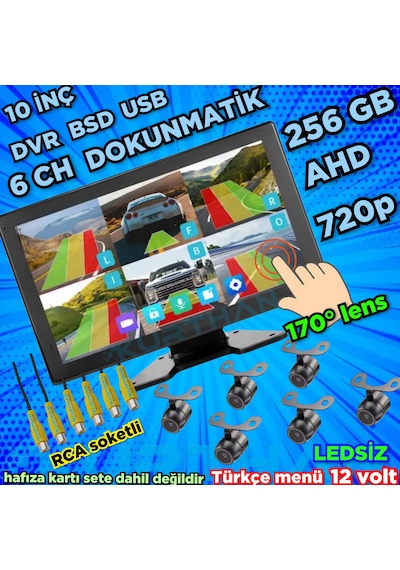 Ledsiz Kelebek Kamera 170'' Ahd 720p Rca 6 Kanallı 10 İnç Dokunmatik Usb Bsd Dvr Ekran 12 Volt