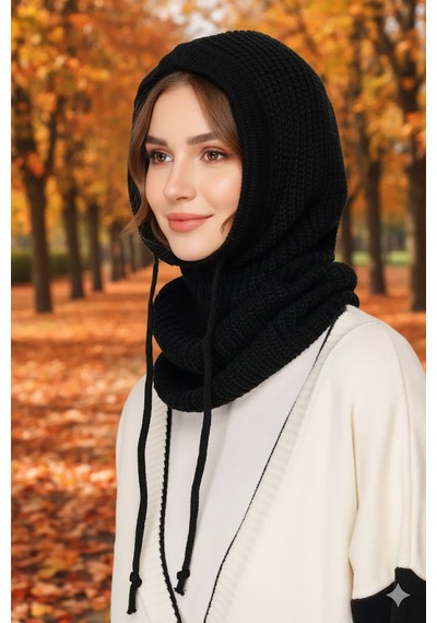 Sosyal Çarşı Siyah Balaclava Triko Başlık Siyah