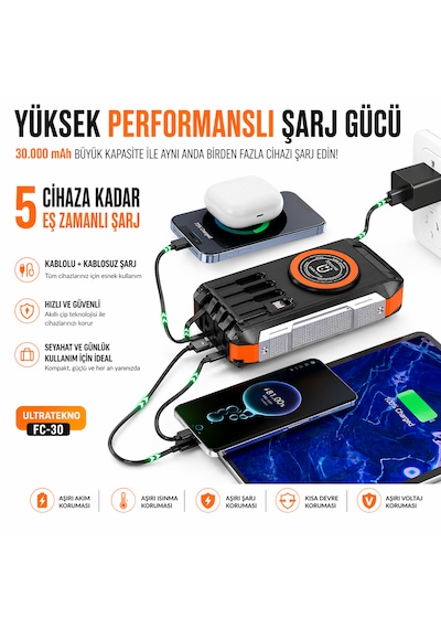 Ultratekno Fc-30 Solar Powerbank 30000 Mah 22.5w Hızlı Şarj 15w Kablosuz Şarj Güneş Panelli Led Fenerli Powerbank Siyah