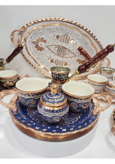 İşlemeli Bakır Fincan Takımı- İki Bakır Kahve Fincan Takımı Mavi
