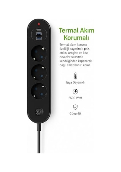 3 Lü Priz 2 Usb-a + 1 Usb-c Termal Akım Korumalı, 2500w Güç, Aç/kapa Anahtarlı, Isıya Dayanıklı