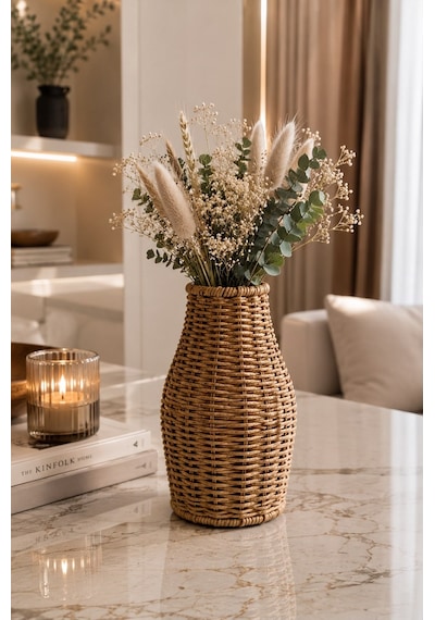 Qerhome Rattan Hasır Dekoratif Vazo - Dekoratif Obje Mln-11435 Ahsap