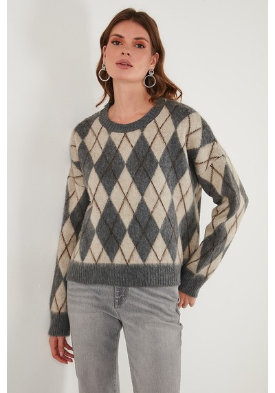 Lela Oversize Fit Bisiklet Yaka Baklava Desenli Yumuşak Dokulu Bayan Kazak 4616223 Gri