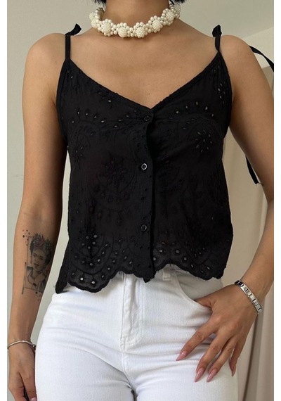 Tanla Butik Siyah Bağcıklı Brode Bluz Siyah