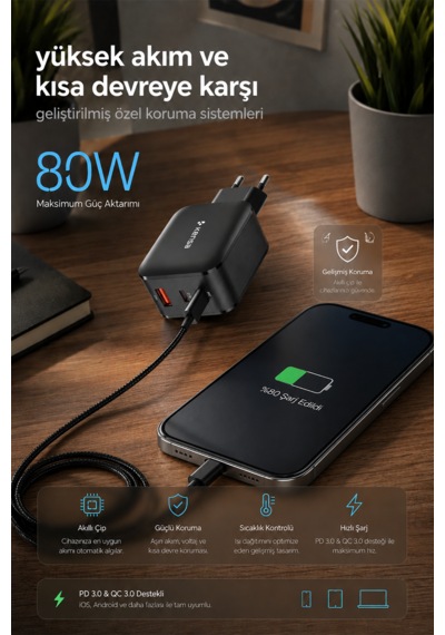 80w Üç Portlu Usb-c Girişli Akıllı Hızlı Şarj Adaptörü