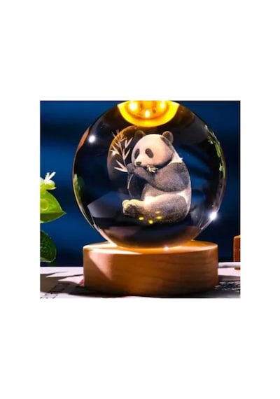 Dekoratif Panda Tasarımlı Ahşap Altlıklı Işıklı Cam Küre Büyük Boy Cam:8cm Ahşap:2cm