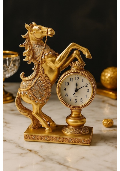 Dekoratif Sevgiliye Babaya Yöneticiye Özel Lüks Hediye At Heykeli Ev Ofis Masaüstü Saati 25x16 Cm Gold