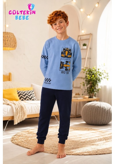 Tarık İnterlok Kumaş Araba Baskılı Erkek Pijama Takımı 11-16 Yaş -ta4401470 - Mavi