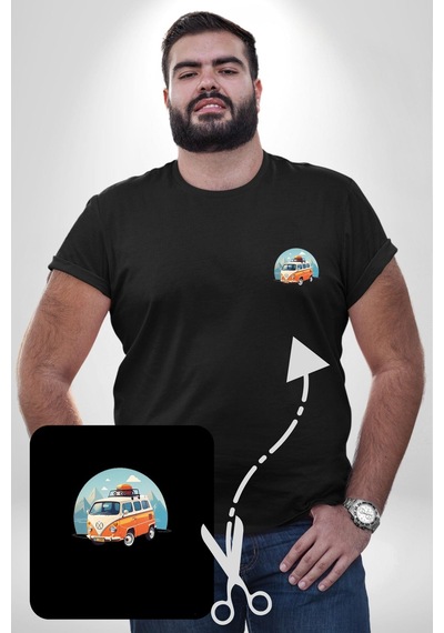 Angemiel Wolkswagen Karavan Kış Gezisi Siyah Büyük Beden Kadın Basic Minimal Baskılı Tişört Siyah