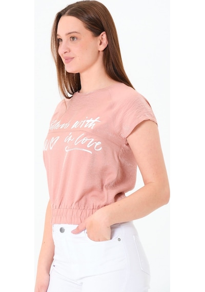 Sortie Collection Reglan Kollu Yazı Baskılı Beli Lastikli Bluz Pembe