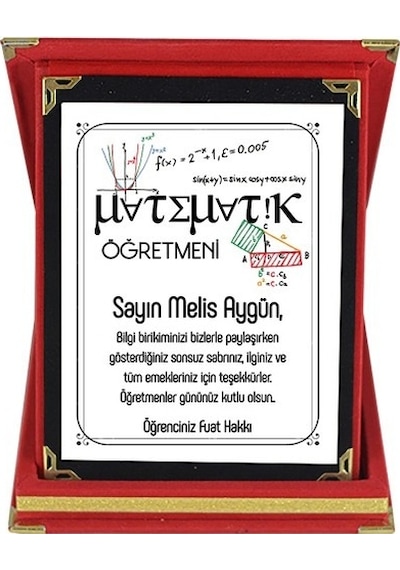 Matematik Öğretmenine Hediye Isim Baskılı Plaket