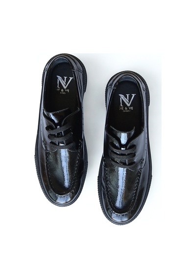 Ne&ve Shoes Siyah Kırışık Rugan Hakiki Deri Kadın Günlük Rahat Bağcıklı Ayakkabı