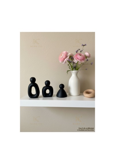 3'lü Aile Biblosu Mat Siyah Oval Figür Seti Soyut Heykel Modern Minimalist Dekoratif Ev Hediyes 05