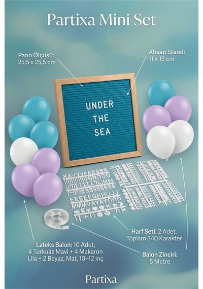 Deniz Kızı Deniz Altı Doğum Günü Süsleme Mini Set Mavi Keçe Yazı Panosu Standlı Balon Zincirli Tüm Yaşlar