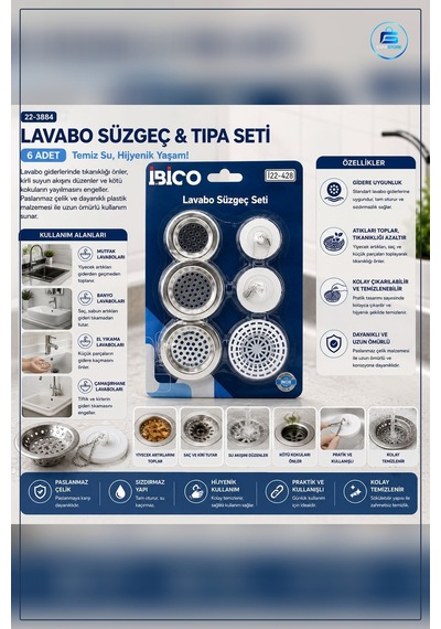 Lavabo Süzgeç Ve Tapa Seti 6 Adet Paslanmaz Çelik Gider Tıkanma Ö