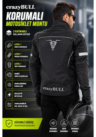 Motokit Crazybull Matador Siyah Erkek 4 Mevsim 3 Katmanlı Korumalı Reflektörlü Motosiklet Montu