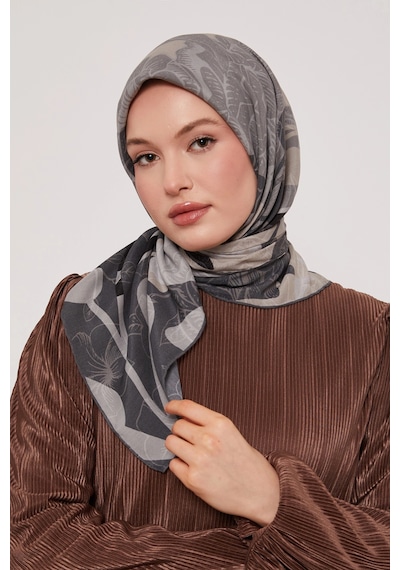 Levidor Royal Eşarp Yaprak Desen Siyah Gri Siyah Gri