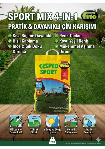 Sport Karışımı 4 Mix Çim Tohumu 5 Kg Parklar Bahçeler Spor Alanları İçin 0.15 KG