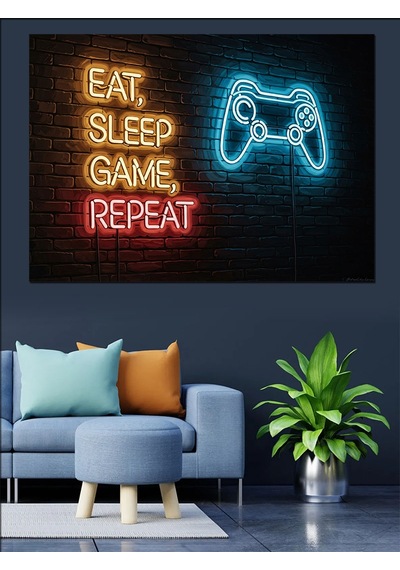 Ahşap Tablo Eat Sleep Game Repeat Neon Yazı
