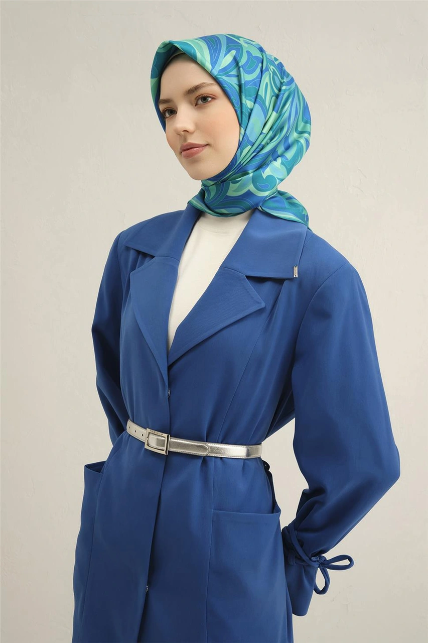 Armine Geometrik Desenli Saf İpek Twill Eşarp 9323 53 Mavi
