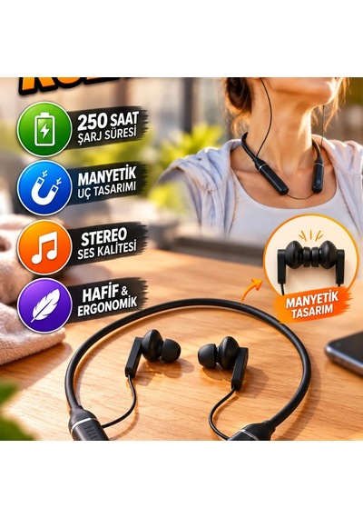 Boyun Askılı Kablosuz Stereo Kulaklık Manyetik Uçlu, Kontrollü Ve Ergonomik Tasarım 00