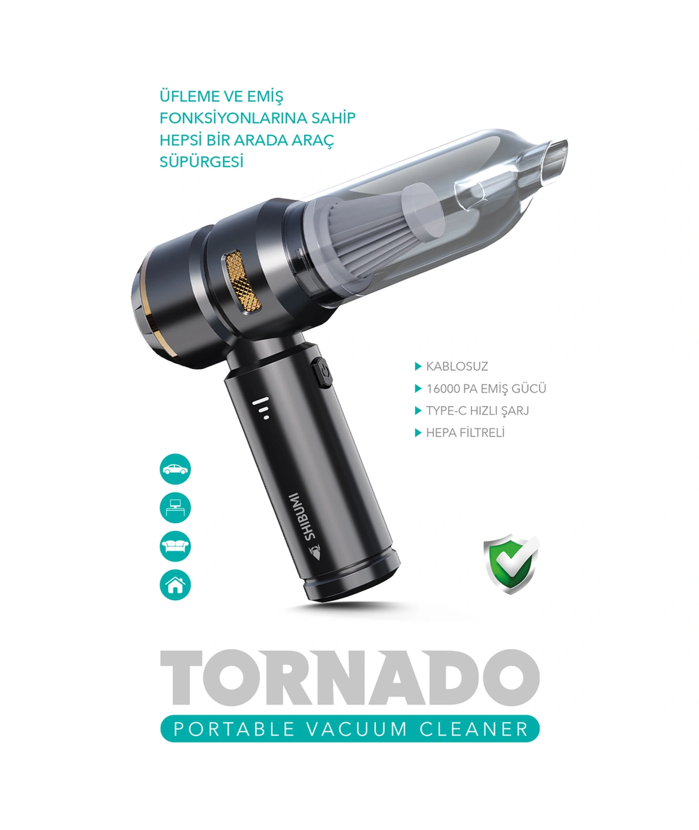 Shibumi Tornado 100w Kablosuz Araç İçi Süpürge 16000pa Güçlü Emiş & Üfleme