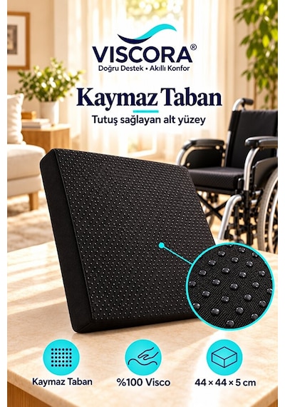 Tekerlekli Sandalye Minderi %100 Visco Kare Oturma Minderi, Kaymaz Taban 44 44 5 Cm Siyah
