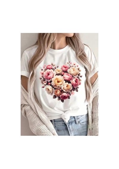Herkesemoda Kalp Çiçekler Baskı Detaylı Basic T-shirt Beyaz