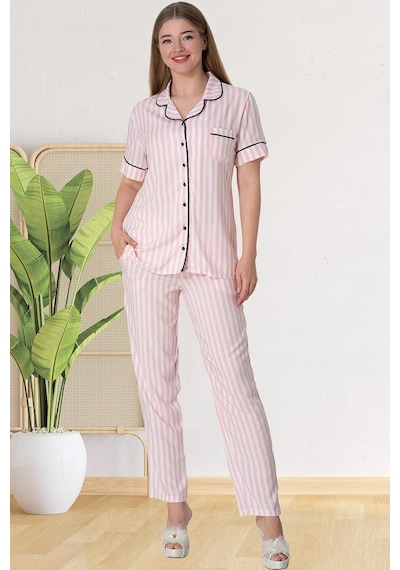 Mecit Pijama Mecit 5150 Kadın Pembe Çizgili Boydan Düğmeli Pijama Takımı 001