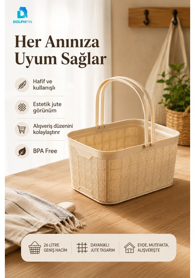 Jute Alışveriş Sepeti 26 L Çok Amaçlı Saklama Taşıma Sepeti Çamaşır Oyuncak Düzenleyici Bej