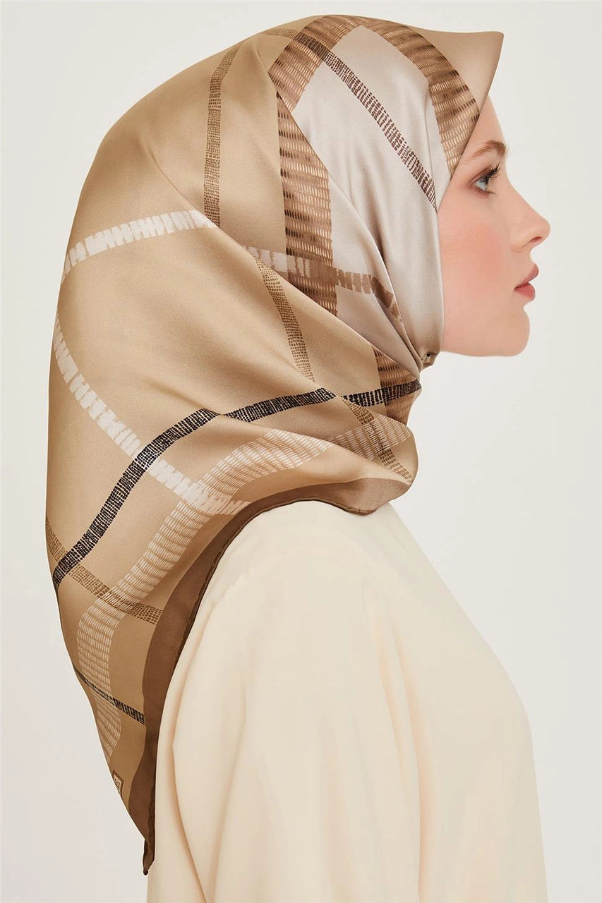 Armine Geometrik Desenli Twill Saf İpek Eşarp 9206d 11 Vizon