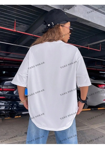Tarzsokak Unisex Bay Ejderha Baskılı Düşük Omuz Kısa Kollu Tişört Kod-1349 Beyaz