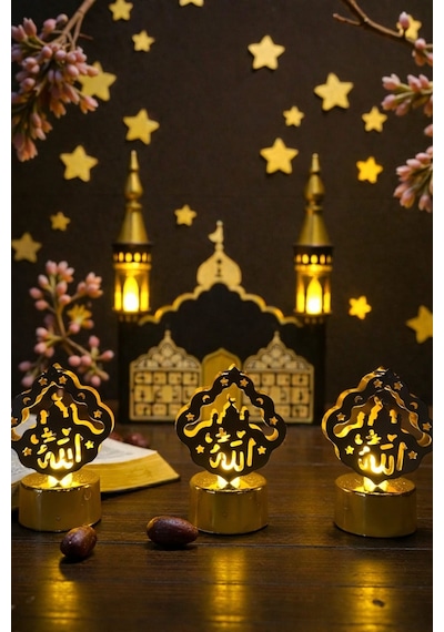 Ramazan Üçlü Set Dekoratif Pilli Led Işıklı Allah Yazılı Masa Lambası Gold