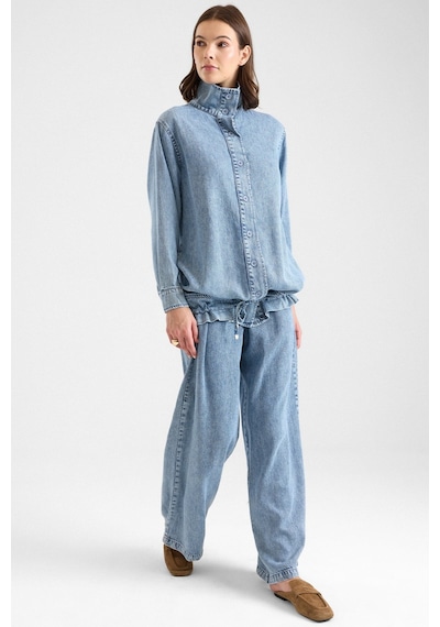 Olcay Büzgü Detaylı Soft Denim Ceket Pantolon İkili Takım Mavi 9472-tk