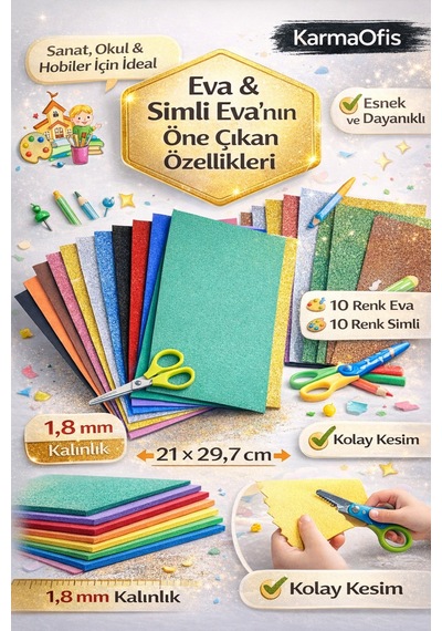 Premium A4 Eva El İşi Seti 10 Renk Eva + 10 Renk Simli Eva