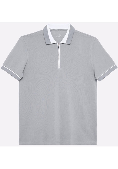 Tudors Erkek Slim Fit Dar Kesim %100 Pamuk Düz Pike Fermuarlı Gri Polo Yaka Tişört-31108-gri Gri