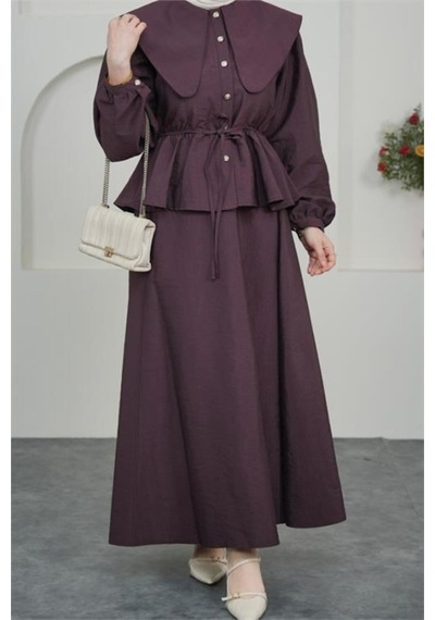 Neşeli Butik Kadın Bordo Pelerin Yaka Etekli Tesettür Takım Nbvq3134