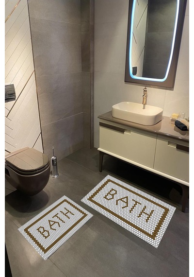Dijital Baskılı Yıkanabilir Bath Desenli Kaymaz Taban 2'li Banyo Paspas Seti Kahverengi