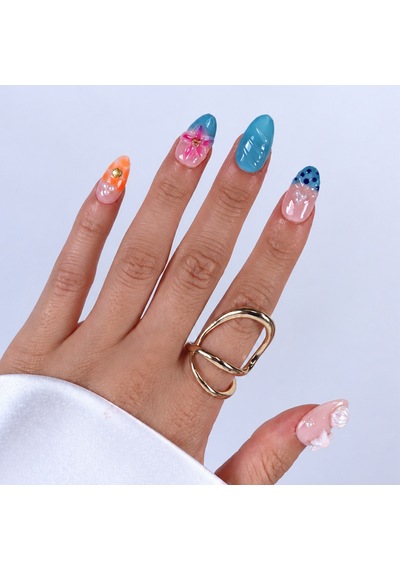 Renkli Nail Art Kısa Badem 15'li Tekrar Kullanılabilir El Yapımı Protez Takma Tırnak Kkbd-3504 M