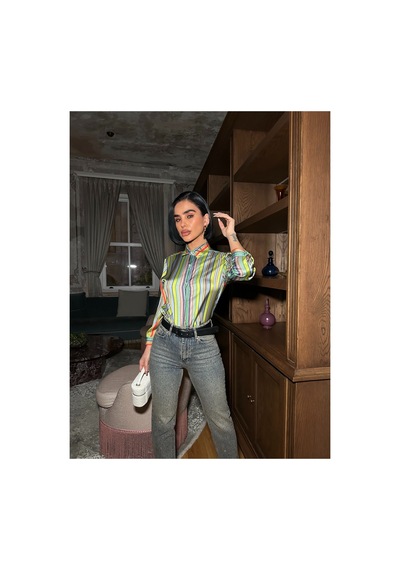 Meecy Çok Renkli Dikey Çizgili Premium Saten Gömlek - Retro Şık Tasarım Yeşil Yeşil