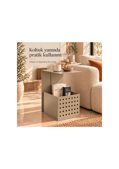 Frame Metal Yan Sehpa Modern Tasarım Depolama Hazneli Yan Sehpa Bej - 935176377 Bej