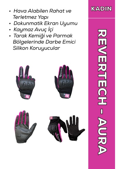 Revertech Aura Pembe - Dokunmatik Ekran Uyumlu Kadın Motosiklet Eldiveni + Buff li