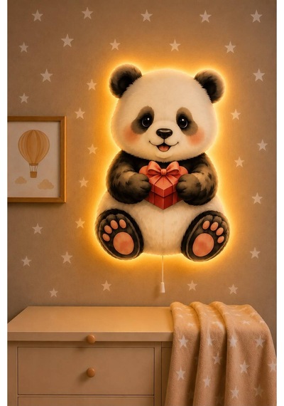 Ahşap Sevimli Panda Pilli Ledli Gece Lambası Yıldız Hediyeli Bebek Çocuk Odası Siyah