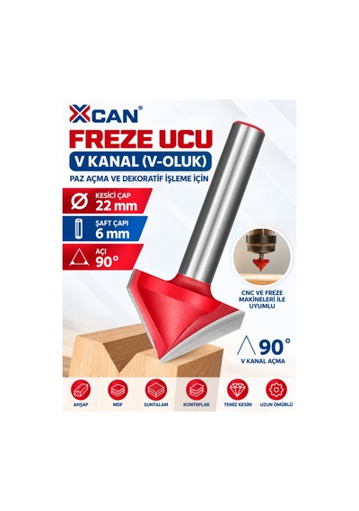 V Kanal Freze Ucu 90 Ø22 Mm 6 Mm Şaft Ahşap Gravür Ve Kanal Açma