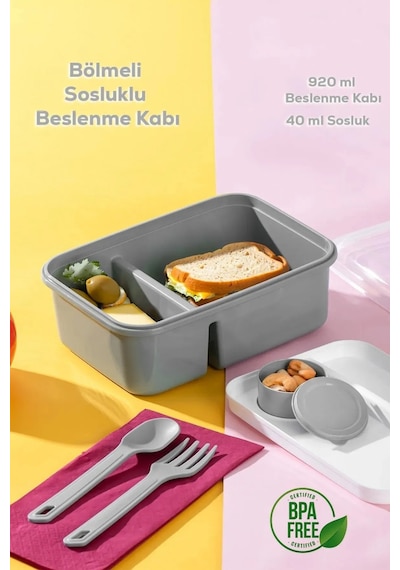 Lunch To Go Bölmeli Sosluklu Beslenme Kabı 920 Ml + 40 Ml Gri