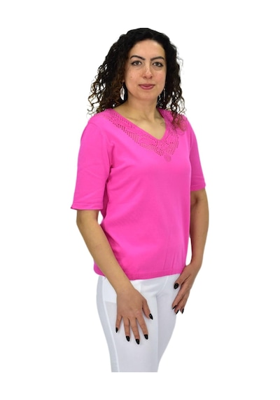 Kadın Yarım Kol V Yaka Yaka Sırt Detaylı Triko Tişöt 12835 Bgl-st04657 Pembe