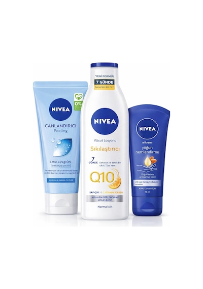Q10 250 Ml Sıkılaştırıcı Vücut Losyonu + Yüz Peelingi 150 + El Kremi 75 Ml Üçlü Set
