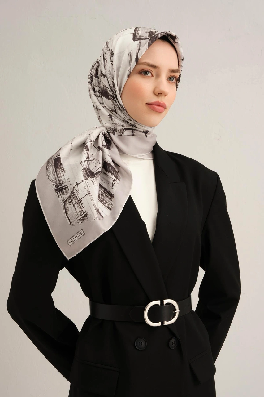 Armine Soyut Desenli Saf İpek Twill Eşarp 9350d 84 Gri